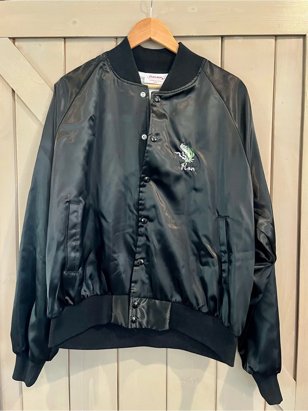 Vintage Black Satin Fly Fishing Bomber Jacket with Embroidered Logo
